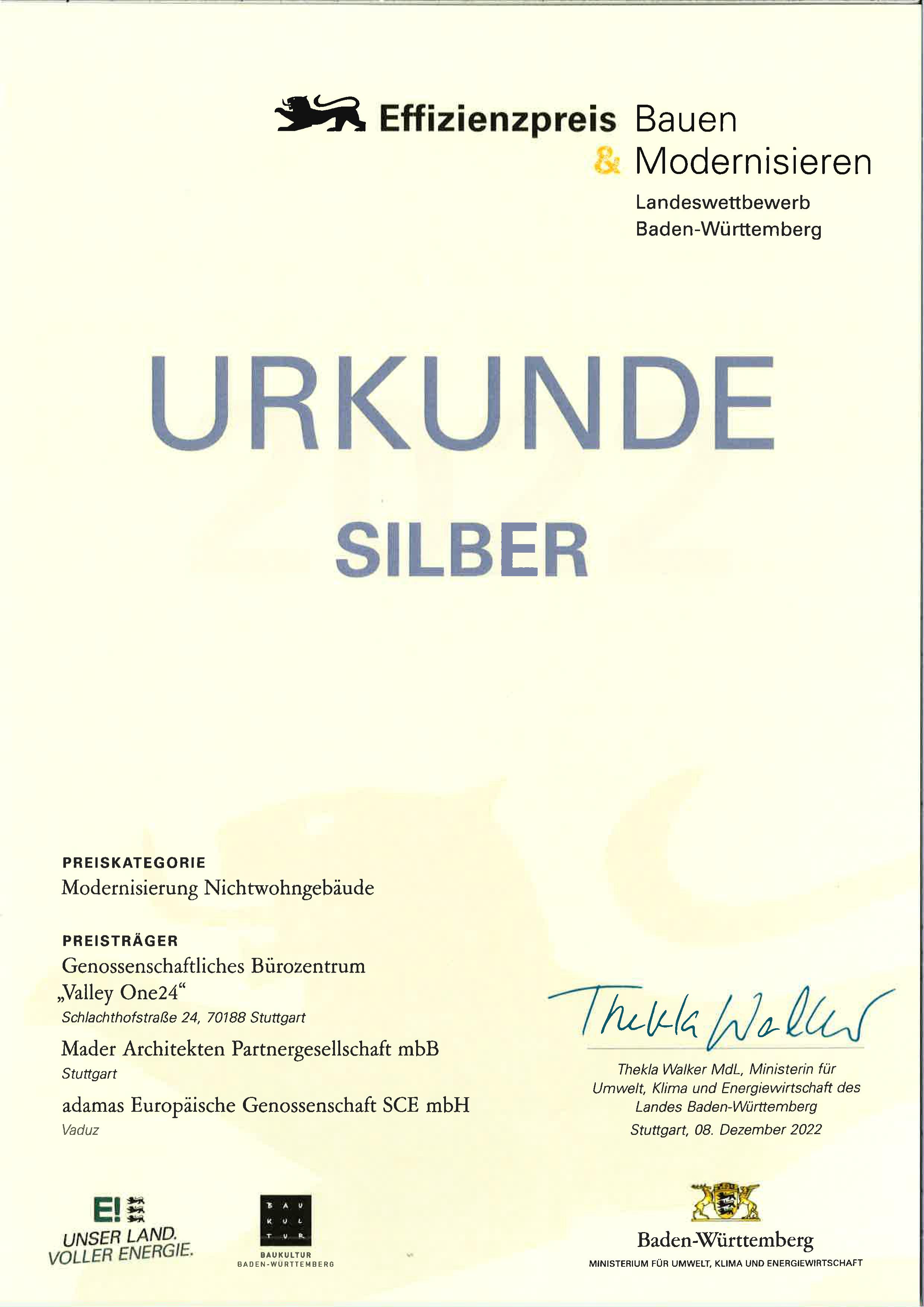 Das Bürozentrum Valley One24 in der Talstraße wird >Winner< beim Iconic Award in der Kategorie Innovative Interior und wurde mit dem Effizienzpreis Bauen & Modernisieren 2022 des Landes Baden-Württemberg ausgezeichnet.<br /><br /><a href='https://www.mader-architekten.de/projekte/3/industrie-und-gewerbebau/valley-one24/'>Valley One24</a>
